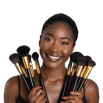 Beautiful African American woman holding makeup brushes png