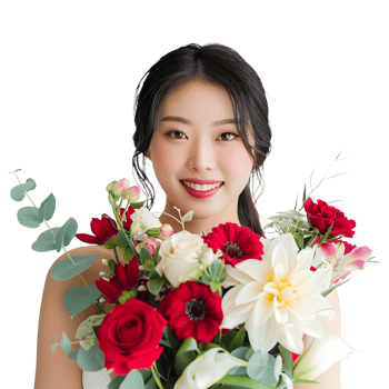 A beautiful woman holding a bouquet of flowers png