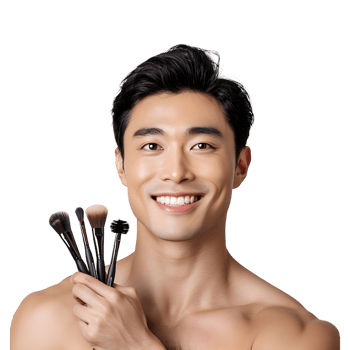 Man holding a set of makeup brushes png
