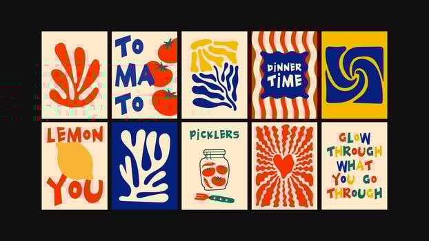 Creative abstract food-themed posters in a stylish Matisse-like aesthetic. Wall decor for modern kitchens, cafes, and restaurant interiors vector