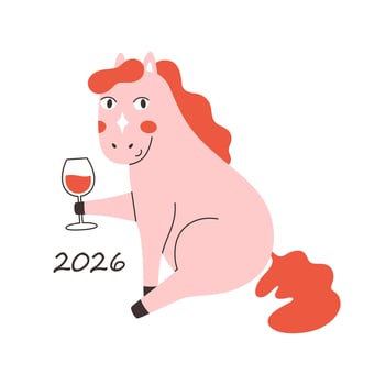 Whimsical cartoon pink horse with wine glass. Year of the Horse. Happy New Year 2026 vector