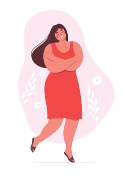 A woman hugs herself, loves, accepts herself as she is. Mental health, body positivity. flat graphics. vector
