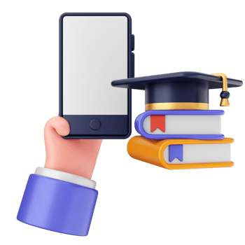 Hand holding a smartphone with a graduation cap and books png