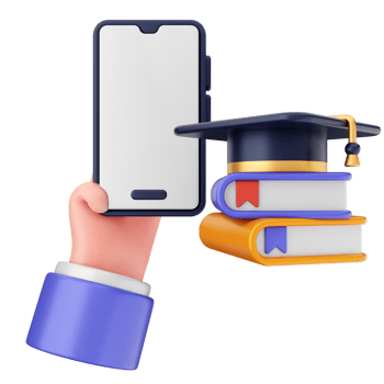 Hand holding a smartphone with a graduation cap and books png