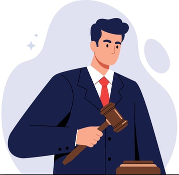 Judge in formal attire raising gavel with confidence in flat art illustration vector