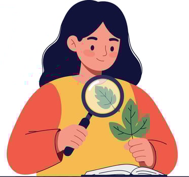 Person examining a leaf with a magnifying glass in a flat and colorful art style vector