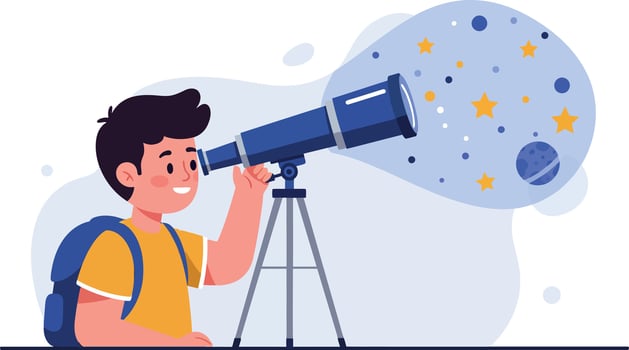 Young boy observing stars through telescope in flat, colorful design illustration vector
