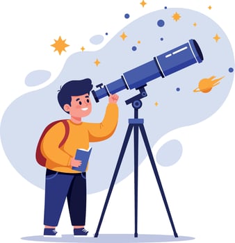 Child observing stars through telescope in a colorful, flat design art vector