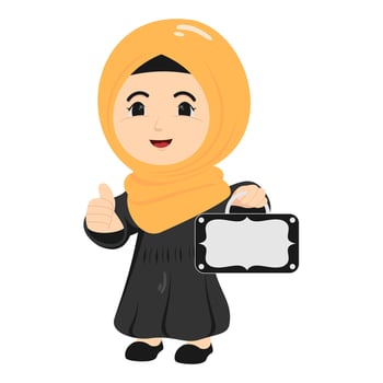 Muslim woman holding a suitcase and giving a thumbs up vector