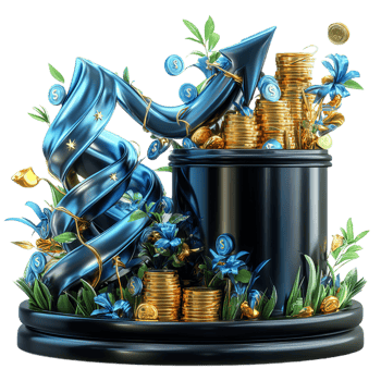 visually striking illustration of black container overflowing with gold coins, blue flowers, and curved arrow symbolizing growth and prosperity. design conveys sense of financial success and png