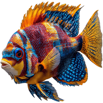 vibrant tropical fish with bright orange, blue, and yellow colors swimming gracefully. Its intricate scales and lively patterns create stunning underwater display png