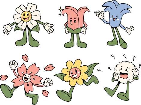 A set of vibrant and expressive spring flower mascots, each with a unique personality and fun, playful gestures, embodying the joy of blooming season with a charming and animated appearance. vector