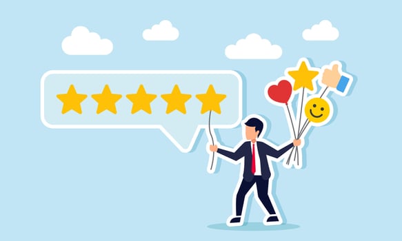 Businessman carries heart balloon, star, thumbs up, happy emoticon, and places a star balloon in a row of stars to form five stars, illustration of positive market response in business quality vector