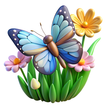 3D Cartoon Butterfly on Flowers png