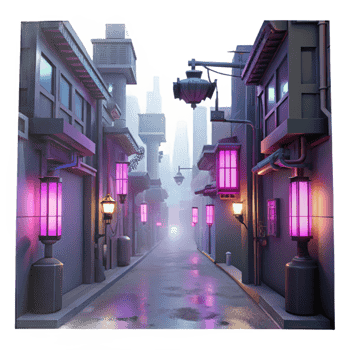 Cyberpunk Alleyway Neon Lights and Futuristic Architecture png