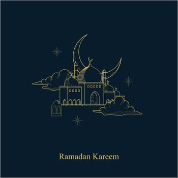 Mosque Illustration with Celestial Elements for Religious Designs. constellations, moon, clouds, and stars. Gold decorative ornament vector