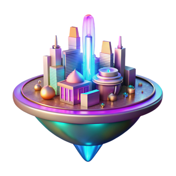 Neon Cityscape on a Spinning Top 3D Illustration Futuristic Urban Landscape Design png