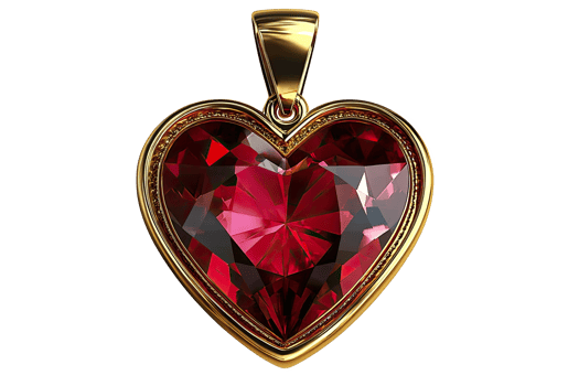 Elegant gold necklace with a heart-shaped ruby pendant, png