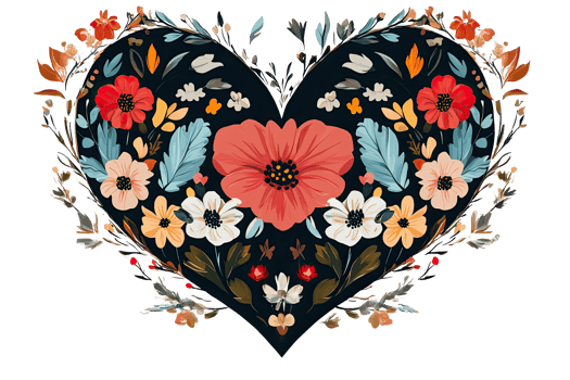 Colorful floral heart arrangement a dark , ideal for romantic themes. png