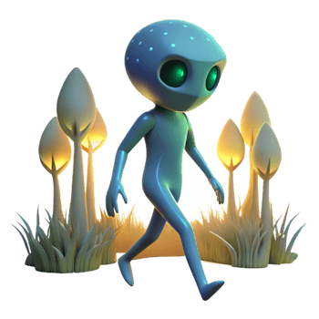 3D Alien Walking in Glowing Mushroom Field png