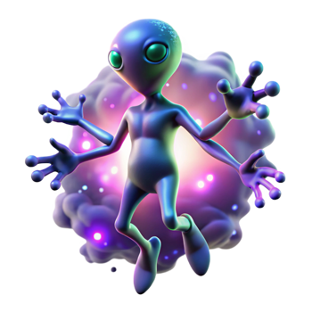 3D Illustration of a Playful Purple Alien Floating in a Glowing Nebula Cosmic Character Design png