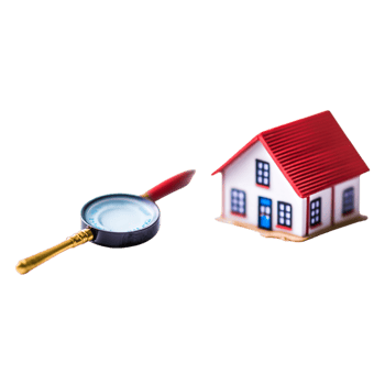 Magnifying Glass and Model House Showing Real Estate Investigation png