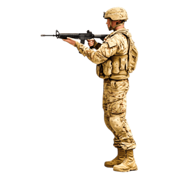 Soldier in Camouflage Uniform Holding Gun in Ready Position png