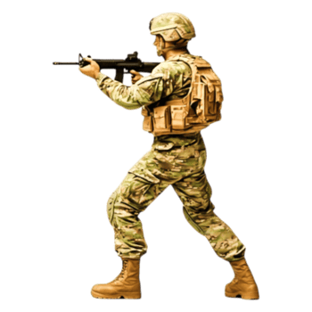 Military Soldier in Camouflage Uniform with Firearm in Action Pose png
