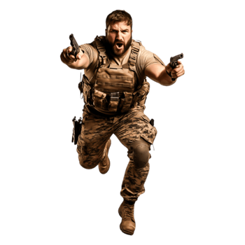 Armed Soldier in Combat Stance with Weapons in Urban Environment png