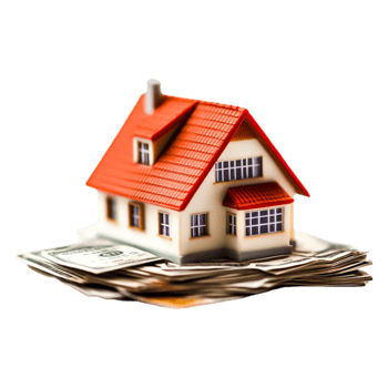 Model house on pile of cash representing real estate investment value png