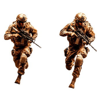 Soldiers in Camouflage Gear with Assault Rifles in Action Pose png