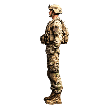 Military soldier in tactical gear standing profile against png