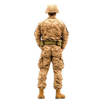 Soldier in Camouflage Uniform Standing Strong in Military Posture png