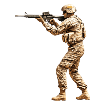 Soldier in Camouflage Uniform Aiming Rifle in Tactical Position png