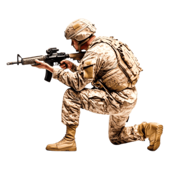 Soldier In Combat Uniform Aiming With Rifle Isolated On png
