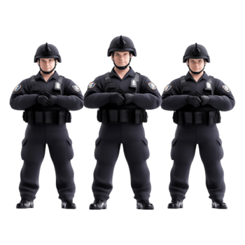 Three Male Cartoon Police Officers Standing in Uniform and Ready png