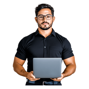 Professional man using laptop in modern workspace with confidence png