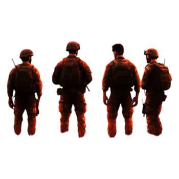Soldiers in Tactical Gear Standing Back to Back in Dramatic Lighting png