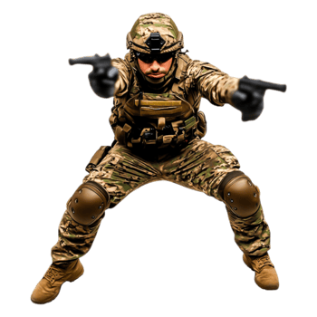 Dynamic Soldier in Combat Position Ready to Engage in Operation png