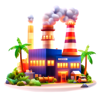Colorful cartoon style industrial factory with palm trees and smoke png