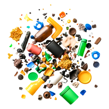 Colorful Collection of Diverse Plastic Waste on Black Background png