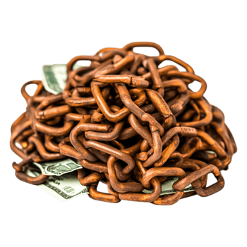 Pile of Rusty Chains on Dollar Bills Symbolizing Financial Struggles png