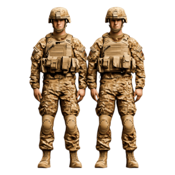 Two Soldiers in Tactical Gear Stand Back to Back in Neutral Setting png
