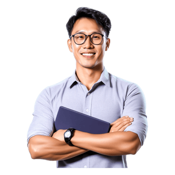 Confident Young Professional Smiling with Tablet in Modern Workplace png