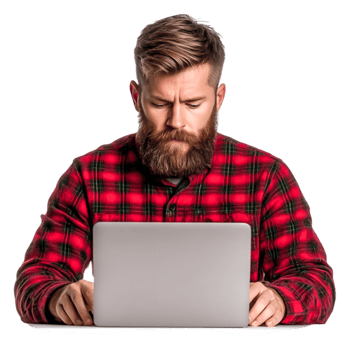 Focused Man in Red Flannel Shirt Working on Laptop at Desk png