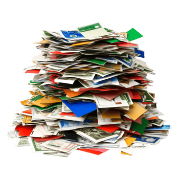 Pile of assorted papers and cards in a chaotic arrangement png