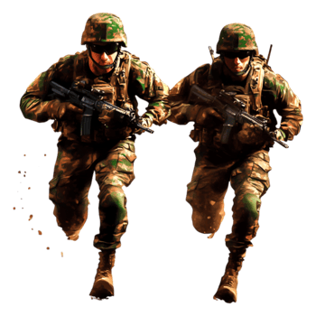 Two Soldiers in Camouflage Gear Running with Firearms in Action png