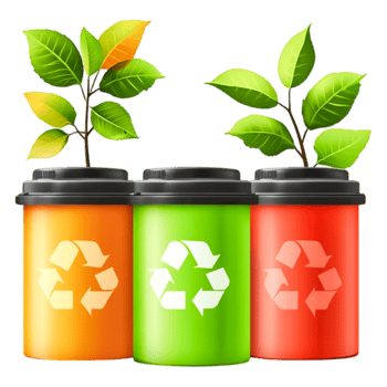 Colorful Recycling Bins with Green Leaves Symbolizing Sustainability png