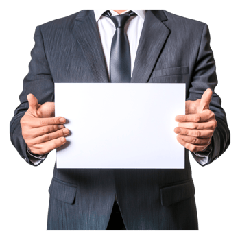 Businessman in Suit Holding Blank Sign for Advertising Message png