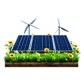 Sustainable Energy Concept Featuring Solar Panels and Wind Turbines png